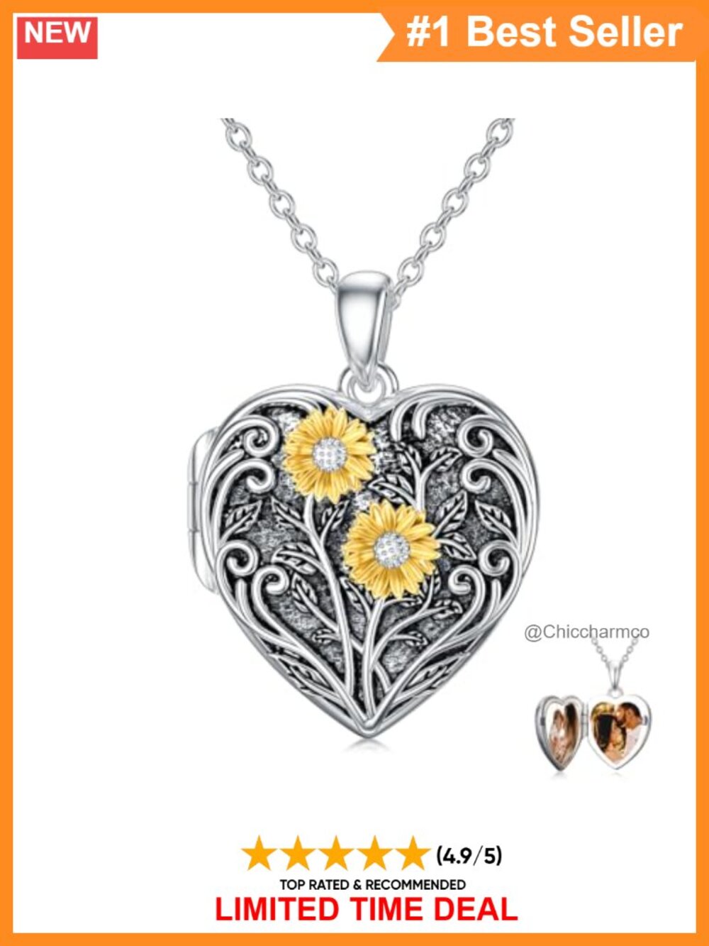 Heart Locket Necklace 925 Sterling Silver Sunflower Photo Pendant Women Gift